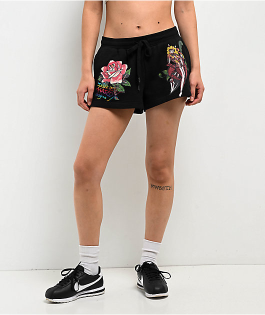 【Ed Hardy】x Kim Petras 黒 スウェット ショートパンツ Ed Hardy x Kim Petras Dagger Girl Black Sweat Shorts | Zumiez