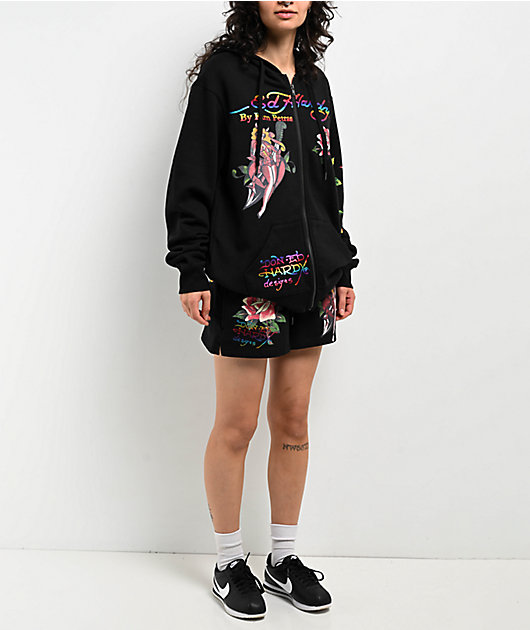 【Ed Hardy】x Kim Petras 黒 スウェット ショートパンツ Ed Hardy x Kim Petras Dagger Girl Black Sweat Shorts | Zumiez