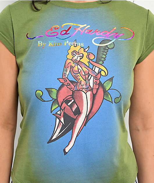 Ed Hardy x Kim Petras Dagger Girl Green Crop T-Shirt | Zumiez