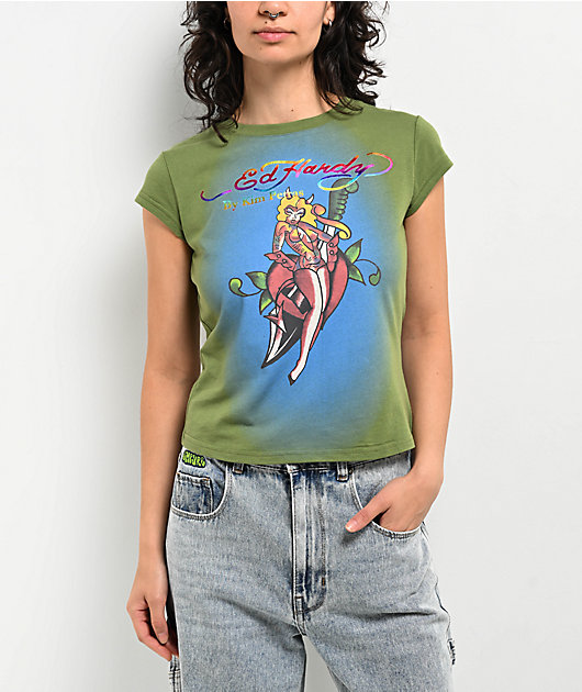 Ed Hardy x Kim Petras Dagger Girl Green Crop T-Shirt | Zumiez
