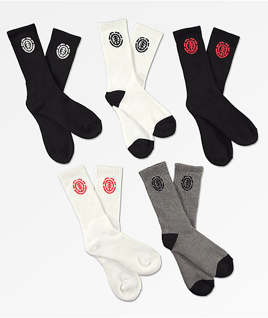 Element High Rise 5//Pack Socks Assorted White//Black//Grey