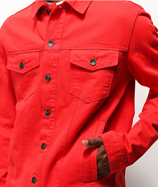 bright red denim jacket