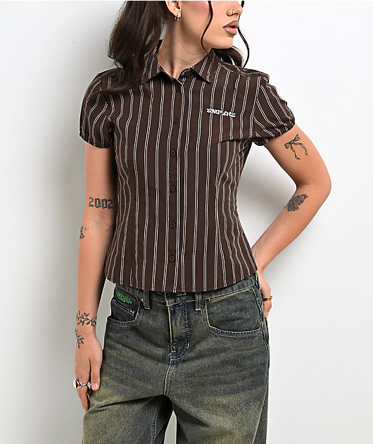 Empyre Alana Brown Pinstripe Button Up Shirt