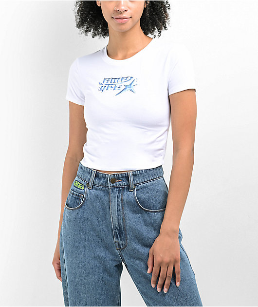 売れ筋商品|||エレントレイシー カットソー トップス レディース Women s Cropped Shirt with Embroidery White Empyre Amina Rhinestone White Crop T-Shirt | Zumiez