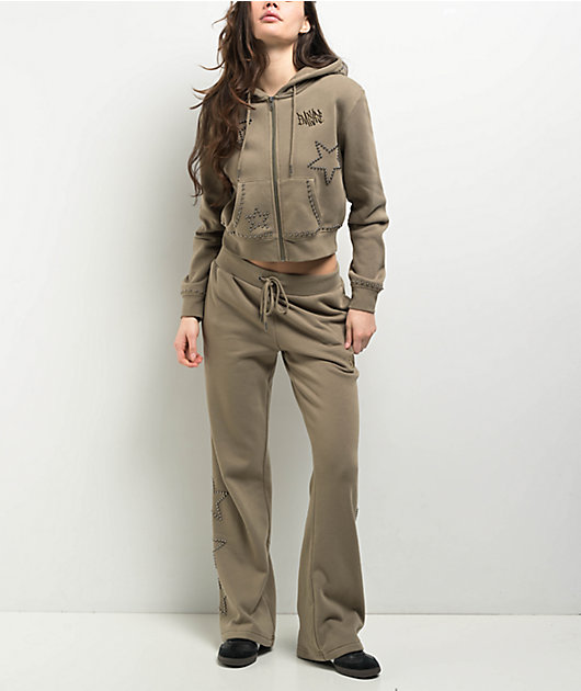 Khaki Graphic Zip-Up Hoodie with Studded Cross Patch | Minga