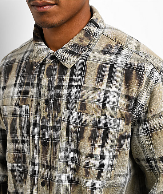 Empyre Bleach Stain Beige Plaid Boxy Crop Flannel Shirt