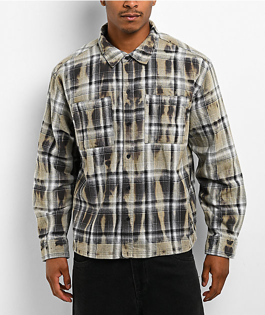Empyre Bleach Stain Beige Plaid Boxy Crop Flannel Shirt