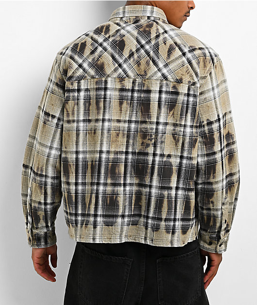 Empyre Bleach Stain Beige Plaid Boxy Crop Flannel Shirt
