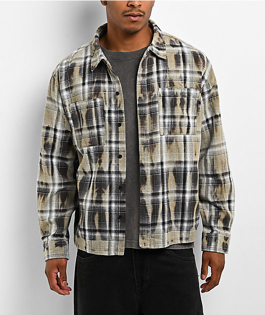 Empyre Bleach Stain Beige Plaid Boxy Crop Flannel Shirt