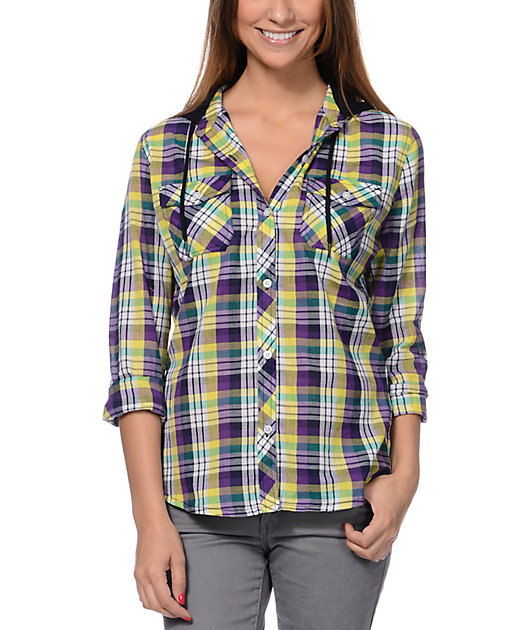 purple and yellow plaid shirt