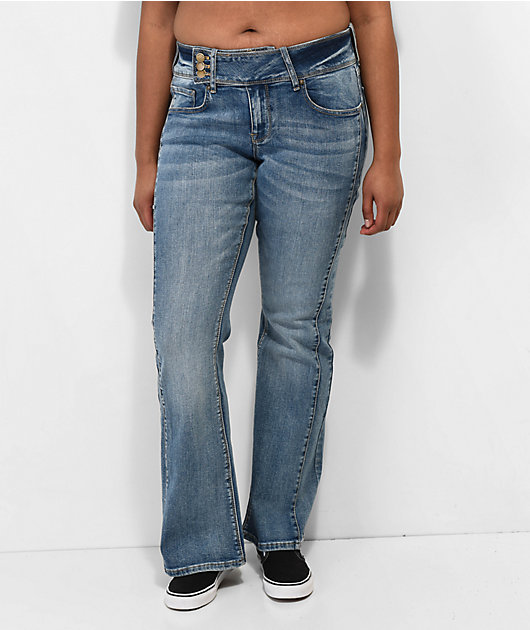 Y2K Belted Low Rise Flare Jeans - Medium Blue Wash