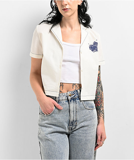 Empyre Bucky Rose Beige Crop Button Up Short Sleeve Shirt