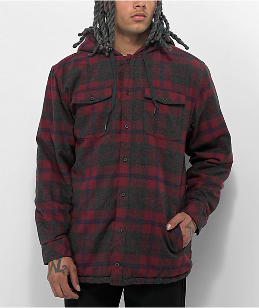 Red and black cheap flannel jacket with hood