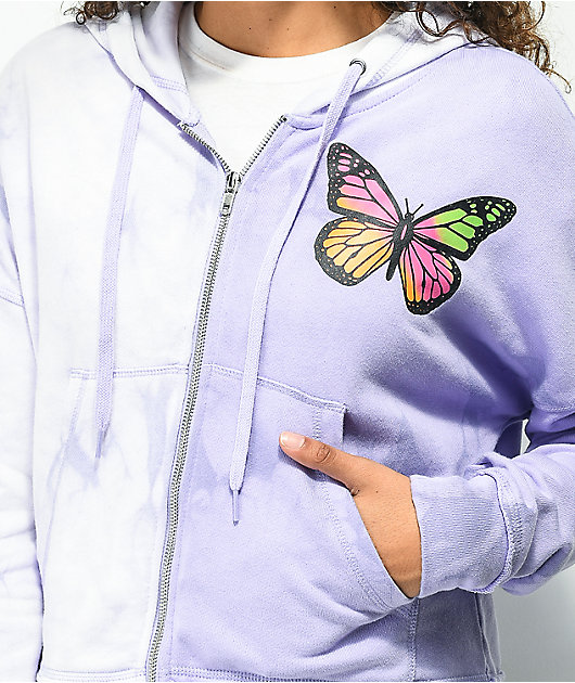 Empyre Caspian Butterfly sudadera corta con capucha con cremallera Tie Dye morado