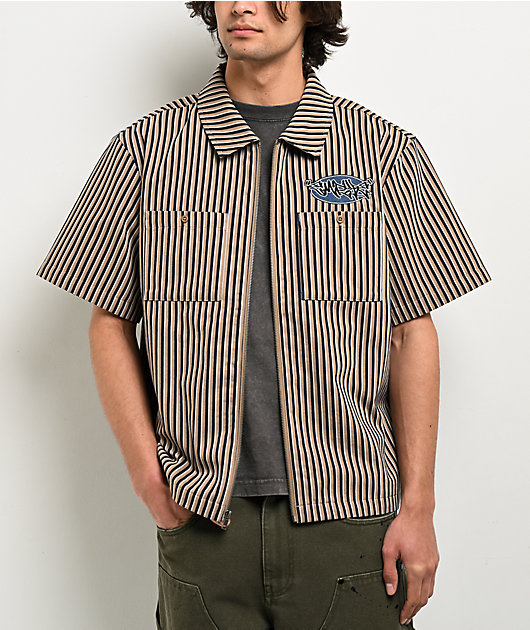 Empyre Charlie Stripe Sand & Navy Zip Work Shirt | Zumiez