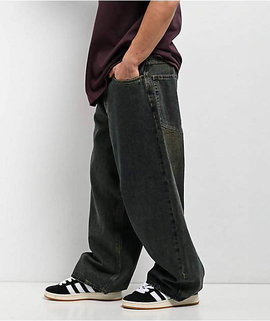 【in a row】Slap Sand Wide Denim Empyre Dirty Dark Blue Wash Ultra Wide Skate Jeans | Zumiez