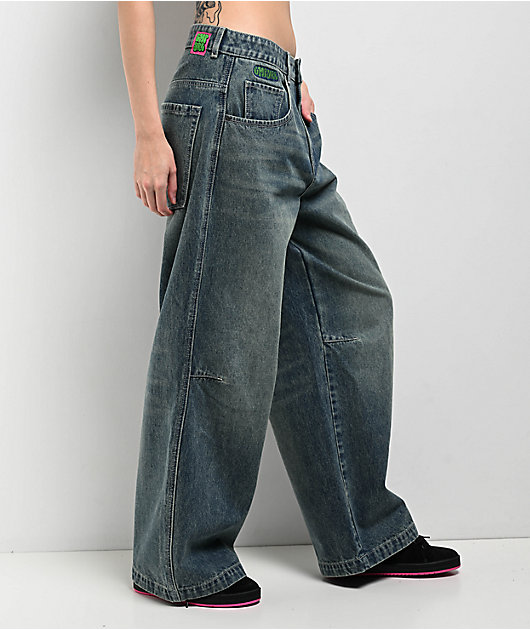 パンツ wide buggy denim / Washed processing Washed Out Wide Fit Baggy Jeans CA416 - Korean Women's