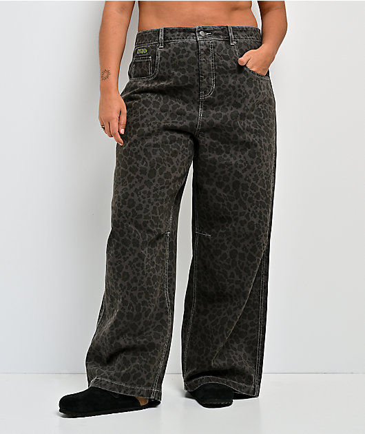 Empyre Extent Animal Print Grey Wash Mid Rise Wide Leg Jeans