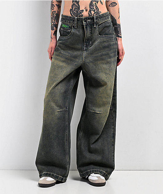 Empyre Extent Petrol Wash Low Rise Wide Leg Jeans