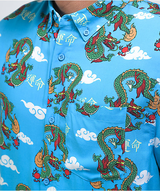 Empyre Feudal Flames Blue Short Sleeve Button Up Shirt