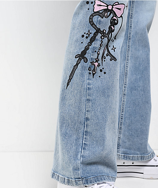 Empyre Glimmer Blossom Printed Light Blue Wash Mid Rise Flare Jeans