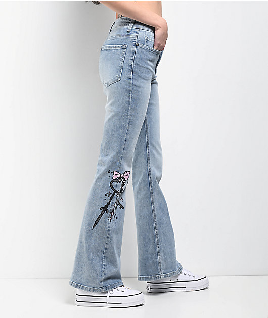 Empyre Glimmer Blossom Printed Light Blue Wash Mid Rise Flare Jeans