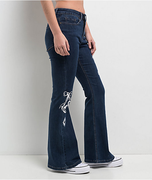Empyre Glimmer Evening Dark Blue Mid Rise Flare Jeans | Zumiez