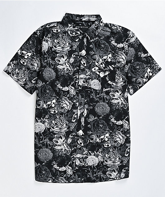 Empyre Inverted Floral Black Short Sleeve Button Up Shirt