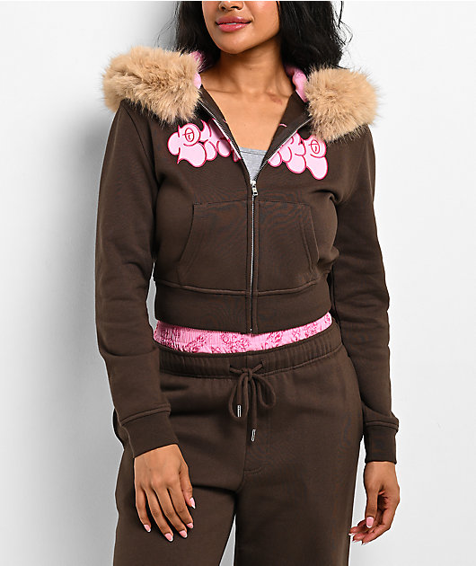 Empyre Joan Faux Fur Brown & Pink Zip Up Hoodie