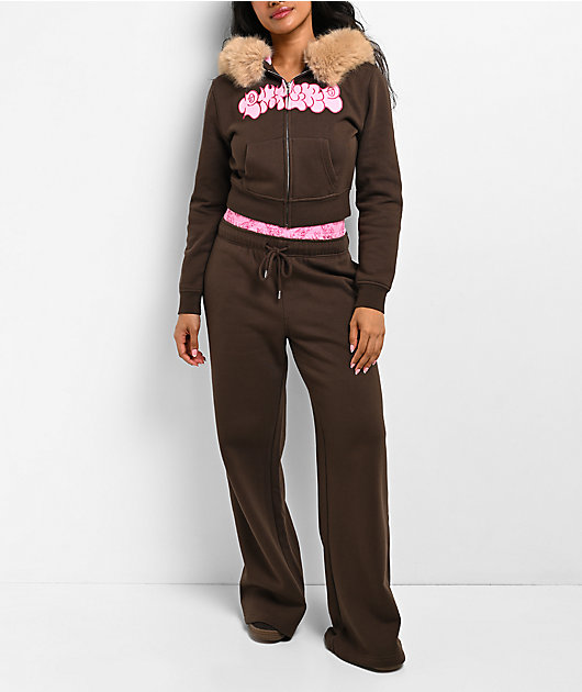 Empyre Joan Faux Fur Brown & Pink Zip Up Hoodie
