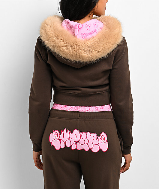 Empyre Joan Faux Fur Brown & Pink Zip Up Hoodie