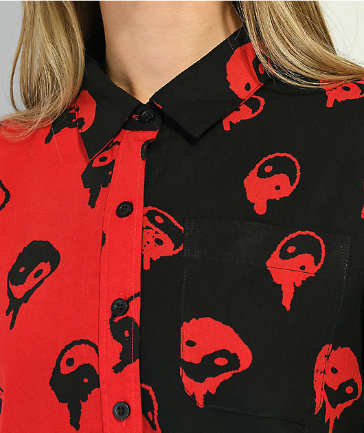 Empyre Joana Yin Yang Black & Red Short Sleeve Button Up Shirt
