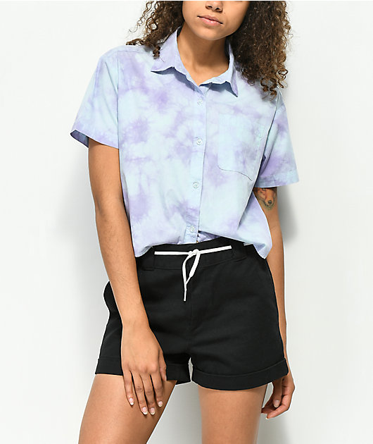 Empyre Lanikai Blue Tie Dye Crop Short Sleeve Button Up Shirt Zumiez