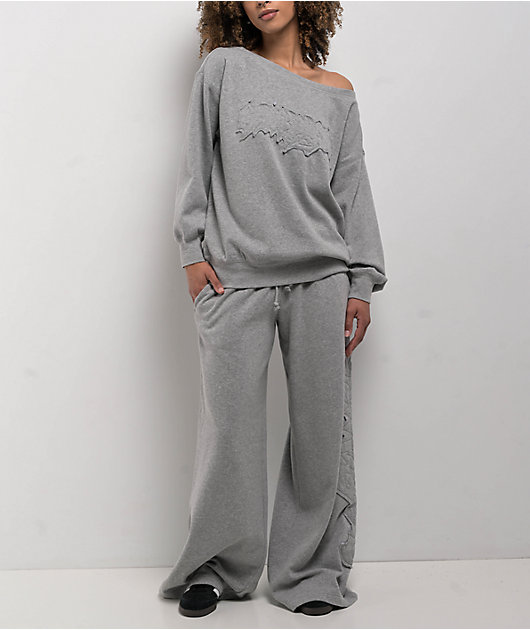 Empyre Lia Off Shoulder Applique Grey Crewneck Sweatshirt | Zumiez
