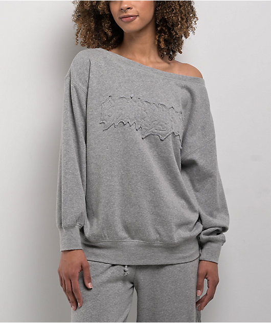 Empyre Lia Off Shoulder Applique Grey Crewneck Sweatshirt | Zumiez