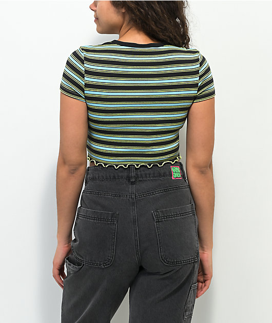 Empyre Paris Black, Yellow & Blue Stripe Crop Button Shirt
