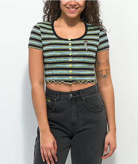 Empyre Paris Black, Yellow & Blue Stripe Crop Button Shirt