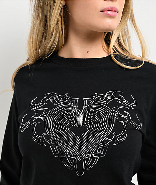 Empyre Rhinestone Heart Black Long Sleeve T-Shirt | Zumiez