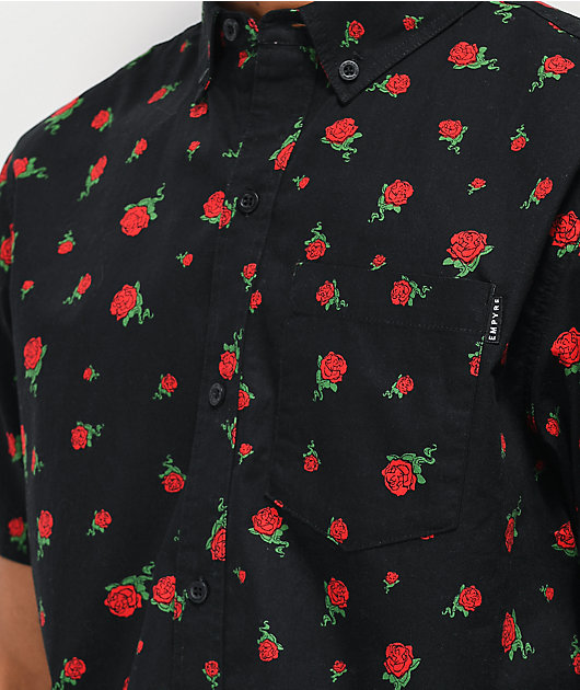 Empyre Rose Thorns Black Woven Short Sleeve Button up Shirt