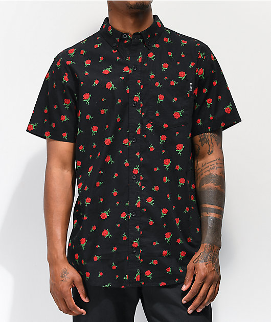 Empyre Rose Thorns Black Woven Short Sleeve Button up Shirt
