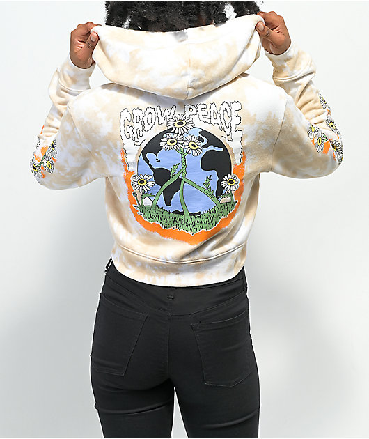 Empyre Rudy Grow Peace Tan Tie Dye Crop Zip Hoodie