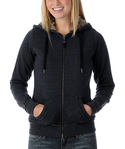 black faux fur zip up hoodie