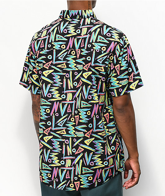 Empyre Floral Black, Yellow & Teal Woven Short Sleeve Button Up Shirt - Unisex - Size: M Men's Clothing - Shirts - Button Ups at Zumiez