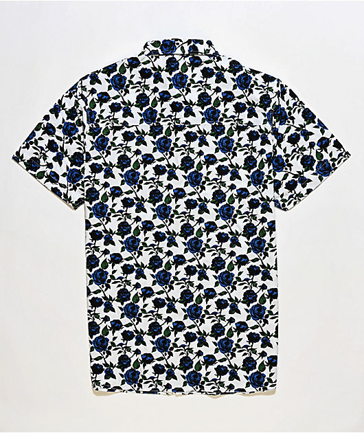 Empyre Tate Roses White & Blue Short Sleeve Button Up Shirt
