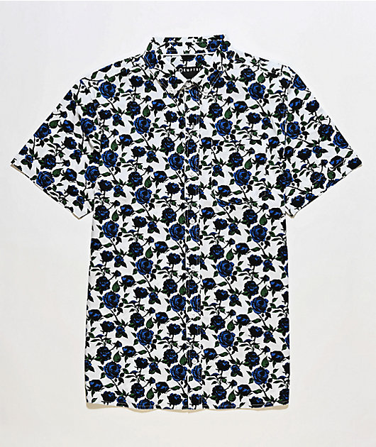 Empyre Tate Roses White & Blue Short Sleeve Button Up Shirt
