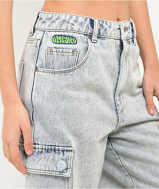 Empyre Tori Blue Acid Wash Denim Cargo Shorts