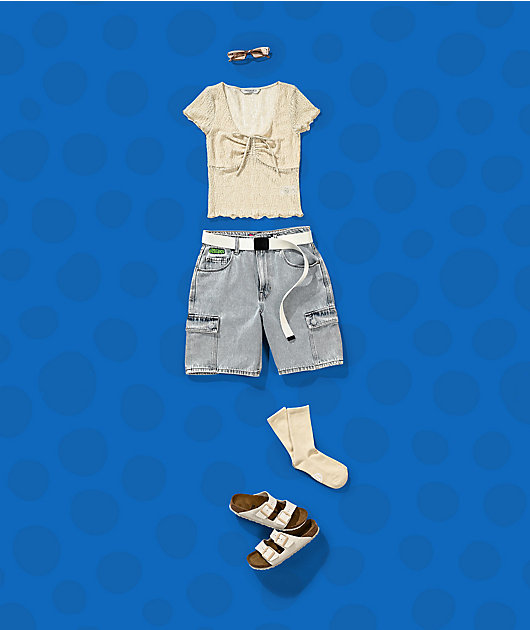 Empyre Tori Blue Acid Wash Denim Cargo Shorts