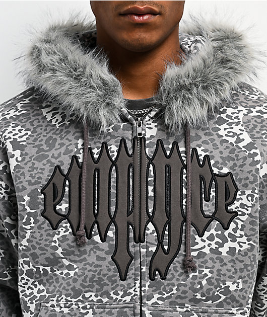 Empyre Transplant Grey Cheetah Faux Fur Zip Hoodie