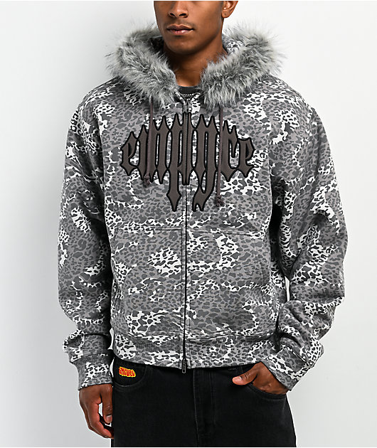 Empyre Transplant Grey Cheetah Faux Fur Zip Hoodie