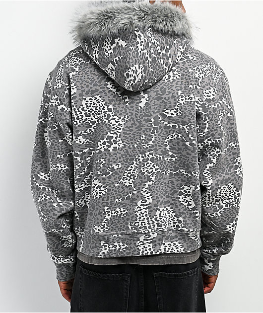 Empyre Transplant Grey Cheetah Faux Fur Zip Hoodie